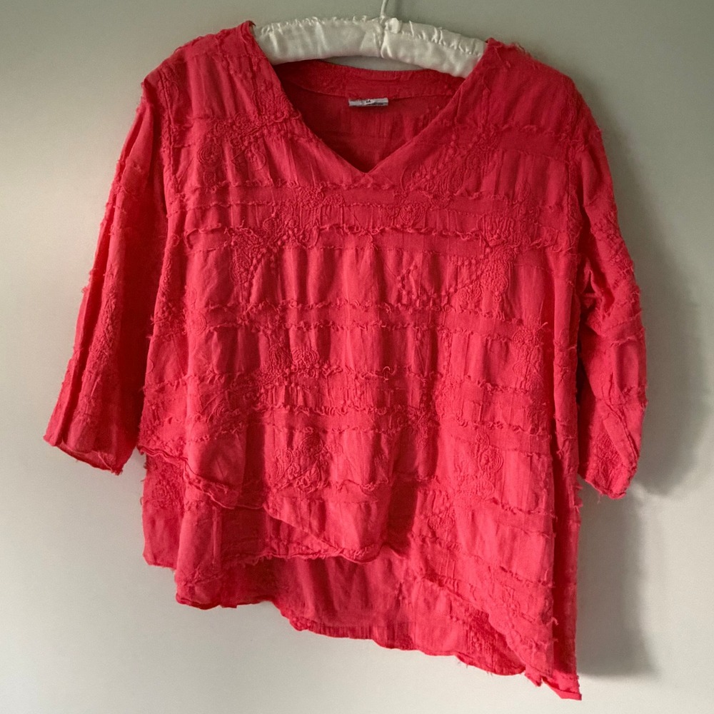 Cottonseed Wear Pink Textured Embroidered Cotton Asymmetrical Top Womens Medium